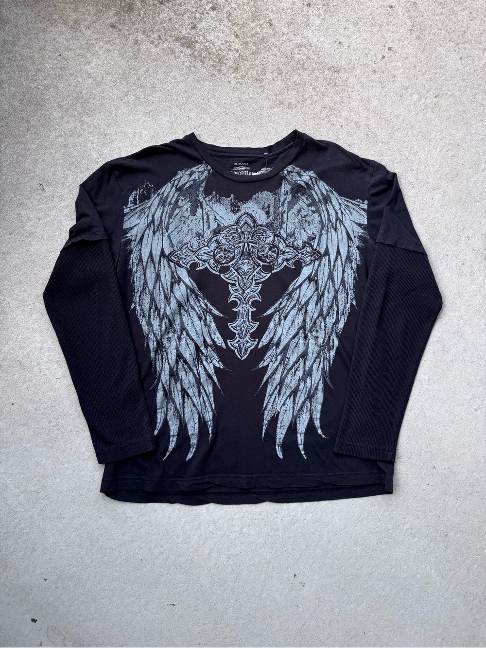 Men's Black Long-Sleeve Graphic Tee with Wing and Cross Motif